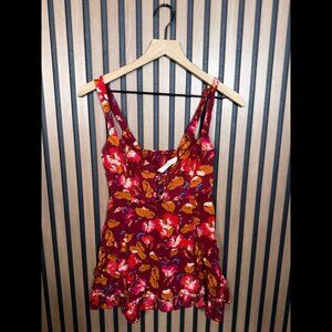 Free People Dress XS Womens Red Floral Mini Smocked Sleeveless